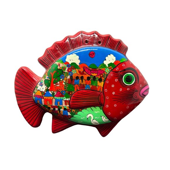 Vintage Handmade Hand Painted Red Clay Pottery Tonala Mexican Folk Art Fish Art - Picture 3 of 6
